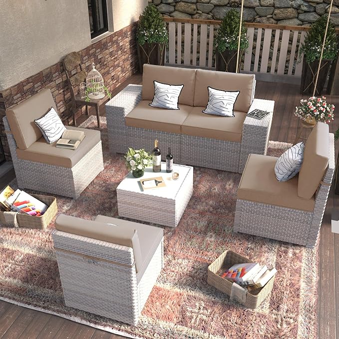 6-Piece Patio Furniture Set, Outdoor Extra Wide Armrest Modular Patio Sofa, Dual-Strand Rattan Wicker, Rust-Resistant Frame, Backyard High Back, Large Seat Furniture for Porch Garden Balcony, Khaki