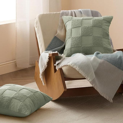 Double Stitch Checkered Throw Pillow Covers - 100% Cotton Set of 2 Tufted Boho Decorative Pillow Covers 20x20, Made in India, Square Cushion Case, Modern Home Decor for Couch, Sofa, Sage Green