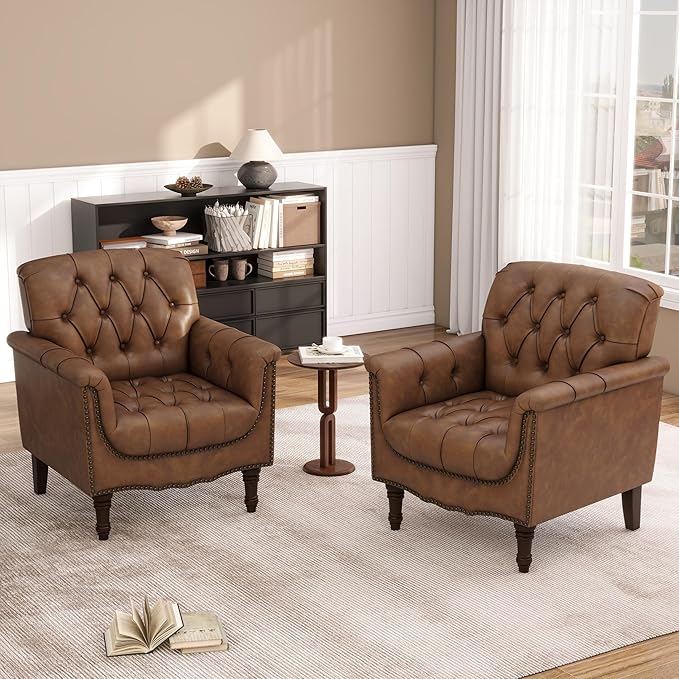 Faux Leather Accent Chairs Set of 4, Upholstered Armchairs with Nailhead Trims & Wood Legs for Living Room, Bedroom, Contemporary Comfy Club Chairs for Office-Brown