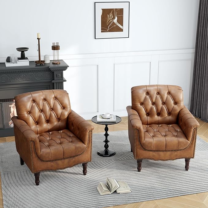 UIXE Faux Leather Accent Chairs Set of 2, Comfy Club Chair Upholstered Armchair for Living Room, Button Tufted Arm Chair Retro Single Sofa Side Reding Seat for Bedroom - Brown