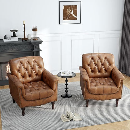 UIXE Faux Leather Accent Chairs Set of 2, Comfy Club Chair Upholstered Armchair for Living Room, Button Tufted Arm Chair Retro Single Sofa Side Reding Seat for Bedroom - Brown