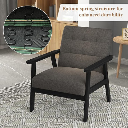 Westice Accent Chair Set of 2, Mid-Century Modern Living Room Chairs with Solid Wood Frame & Soft Thicken Cushion, Upholstered Arm Reading Chair for Bedroom, Balcony, Grey Linen Fabric & Black Legs