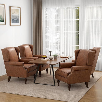 Accent Chair, Upholstered High Back Armchair with Nailhead Trim & Wood Legs, Comfy Wingback Reading Single Sofa Chair for Small Spaces, Living Room, Bedroom (Leather Brown, Set of 1)