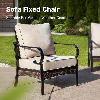 6 Piece Metal Outdoor Patio Furniture Sets, Patio Conversation Sets 1 3-Seater Sofa, 4 Single Sofa with 5.75" Extra Thick Cushion & Coffee Table, Black Frame Backyard Furniture, Beige