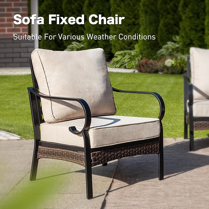 5 Piece Metal Outdoor Patio Furniture Set, Patio Conversation Sets 1 3-Seater Sofa, 2-Seater Sofa, 2 Fixed Sofa with 5.75" Thick Cushion & Coffee Table Black Backyard Furniture, Beige