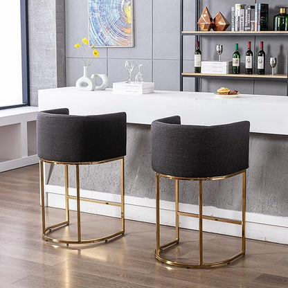 Contemporary Charcoal Linen Bar Stool, 29" Upholstered Fabric Counter Height Barstool Kitchen Counter Island Stool with Golden Metal Base