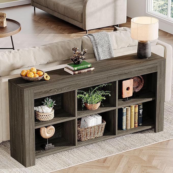 Tribesigns 63-Inch Long Sofa Console Table, Rustic Wood Entryway Table with 6 Storage Cubes for Living Room, Hallway, Behind Couch (Grey)