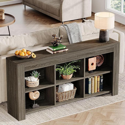 Tribesigns 63-Inch Long Sofa Console Table, Rustic Wood Entryway Table with 6 Storage Cubes for Living Room, Hallway, Behind Couch (Grey)