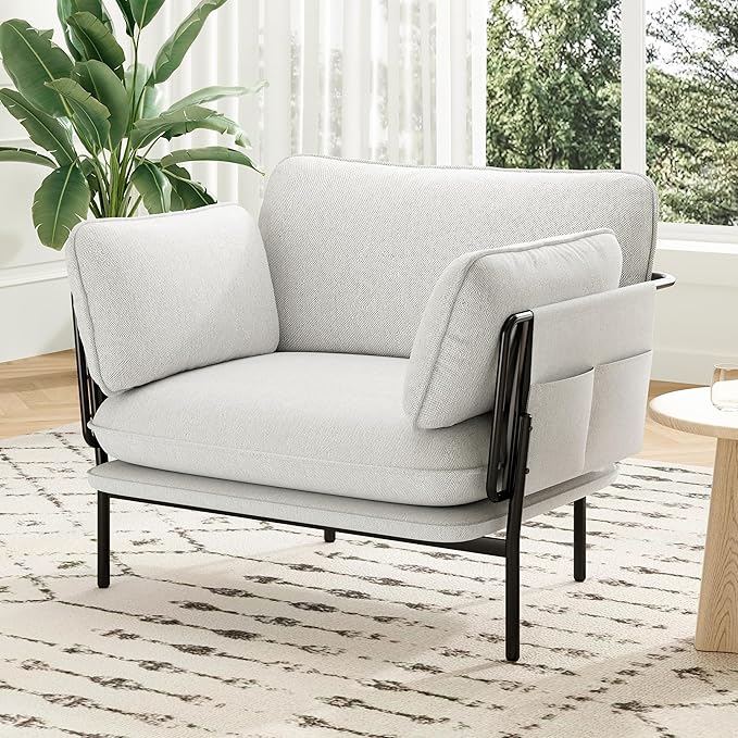 Modern Accent Chair for Living Room, Oversized Reading Chair with Solid Metal Legs, Upholstered Fabric Armchair with Side Pockets and 2 Pillows, Comfy Accent Chairs for Bedroom, Nursery, White