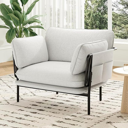 Modern Accent Chair for Living Room, Oversized Reading Chair with Solid Metal Legs, Upholstered Fabric Armchair with Side Pockets and 2 Pillows, Comfy Accent Chairs for Bedroom, Nursery, White