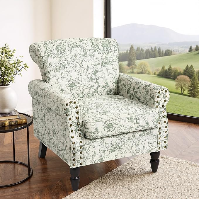 Accent Chair, Upholstered High Back Floral Armchair with Nailhead Trim & Wood Legs, Comfy Wingback Reading Single Sofa Chair for Small Spaces, Living Room, Bedroom (Rococo Green, Set of 1)