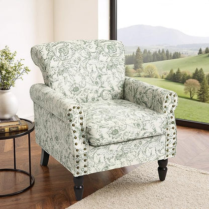 Accent Chair, Upholstered High Back Floral Armchair with Nailhead Trim & Wood Legs, Comfy Wingback Reading Single Sofa Chair for Small Spaces, Living Room, Bedroom (Rococo Green, Set of 2)