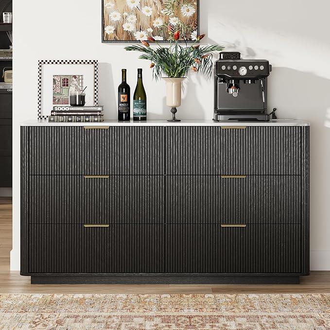 Fluted 6 Drawers Dresser with Charging Station, 55" Wide Modern Chest of Drawers with Faux Marble Top, Wooden Dresser TV Stand, Wood Drawer Organizer for Bedroom, Living Room, Hallway, Black