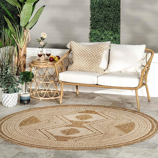 nuLOOM Ranya Light Brown/Ivory, 8' Round, Tribal Geometric, Soft and Cozy, High Traffic, Stain Resistant, Easy Clean, Durable Area Rug for Indoor/Outdoor Patio, Deck, Porch, Garden, Courtyard