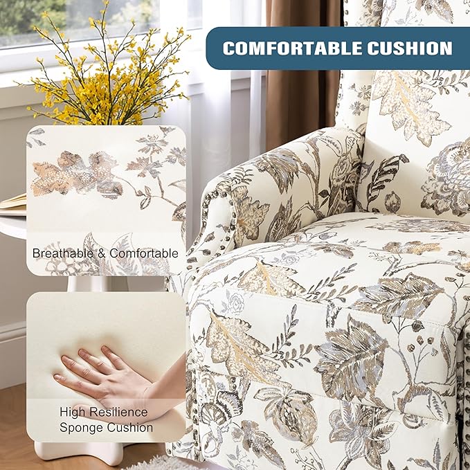 Premium 360° Swivel Recliner Chair with Footrest - Luxurious Cotton Linen & Botanical Design-Cream Plant