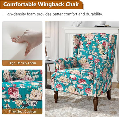 Wingback Accent Chairs Set of 2, High Back Upholstered Armchair, Floral Fabric Wingback Arms Chairs with Retro Solid Wood Legs, Single Sofa Reading Chair for Bedroom Living Room, Peacock Blue