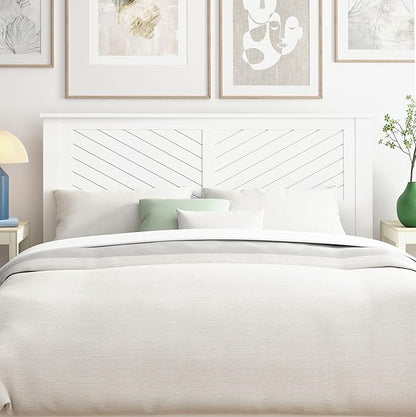 Serene Poplar Wood Queen Size Headboard in White, Modern Farmhouse Panel with Chevron Scoring, Casual Coastal Style, Easy Assembly, Quality Materials