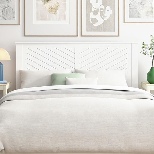 Serene Poplar Wood Queen Size Headboard in White, Modern Farmhouse Panel with Chevron Scoring, Casual Coastal Style, Easy Assembly, Quality Materials