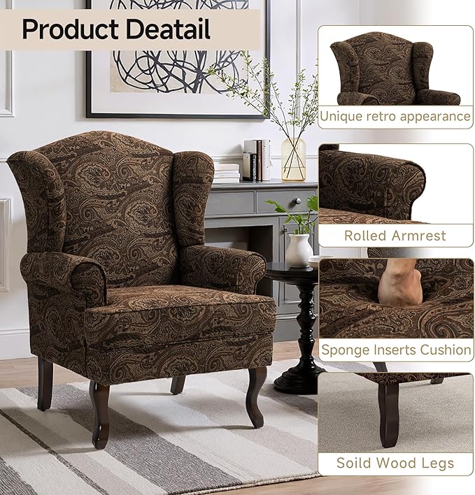 Pia Ricco Set of 2 High Back Accent Chairs: Upholstered Fabric Armchairs with Solid Wood Legs - Retro Living Room Pair, Comfy Reading Sofa Seats-Cranberry