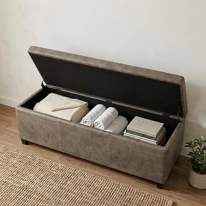 SIMPLIHOME Avalon Storage Ottoman Bench - 48 inch Wide Upholstered Vegan Leather Rectangular Lift-Top Ottoman in Distressed Smoky Grey Brown, Transitional Bench for Living Room with High-Density Foam