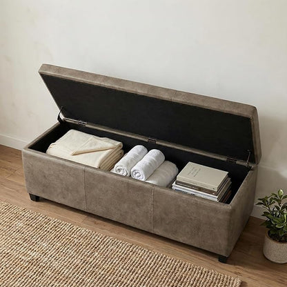 SIMPLIHOME Avalon Storage Ottoman Bench - 48 inch Wide Upholstered Vegan Leather Rectangular Lift-Top Ottoman in Distressed Smoky Grey Brown, Transitional Bench for Living Room with High-Density Foam