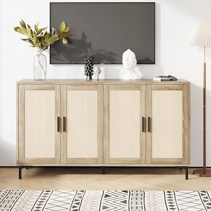 JASIWAY Sideboard - Kitchen Buffet Cabinet with Rattan Decorated Doors, Accent Cabinets with Doors, Coffee Bar Cabinets Rattan Sideboard Buffet Cabinet with Storage (Natural with 4 Doors)