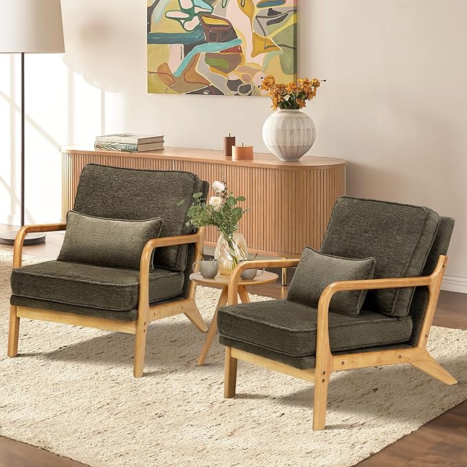 Modern Accent Chair with Lumbar Pillow, Relaxing Mid Century Chair Armchair with Solid Wood Frame & Soft Cushion, Reading Leisure Armchair for Living Room, Green