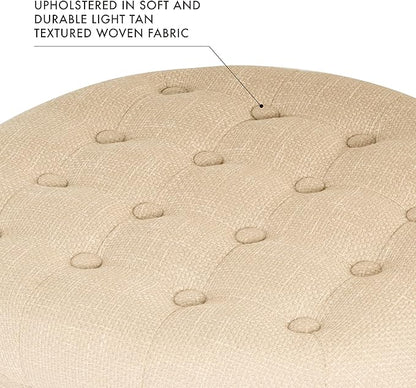 HomePop by Kinfine Fabric Upholstered Round Storage Ottoman - Button Tufted Ottoman with Removable Lid, Light Tan Textured Solid