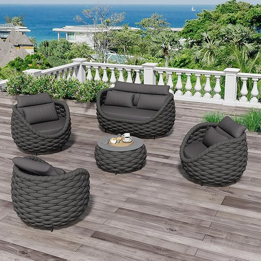 Fully Assembled Patio Furniture Set: 5 Pieces Woven Rope Outdoor Conversation Set Cushioned - Modern Metal Deck Loveseat Chair Table Set - Porch Seating For Yard Garden Poolside Hotel, Dark Grey