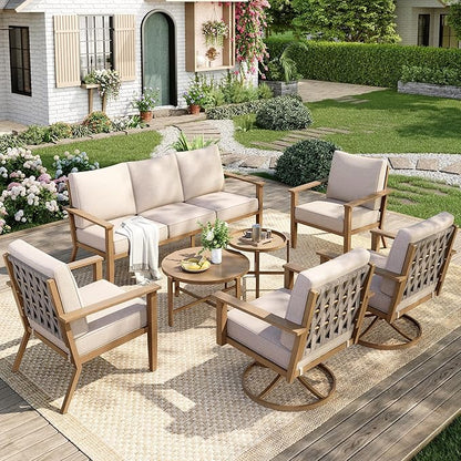7-Piece Patio Outdoor Conversation Furniture Set with Dual Swivel/Stationary Chairs, Steel Modern Outdoor Patio Conversation Sets with Thick Cushions for Porch, Balcony, Backyard-Beige