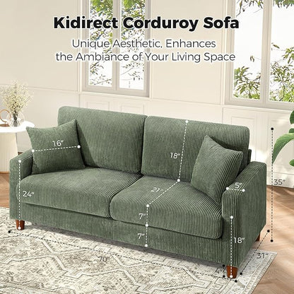 70in Corduroy Couch, Kidirect Sofa No Tool Assembly, Comfy Couches for Living Room 21in Deeper Seats, Corduroy Sofas for Living Room with 2 Pillows, Oversized Loveseat Sofa, Boho Love Seat Green Couch