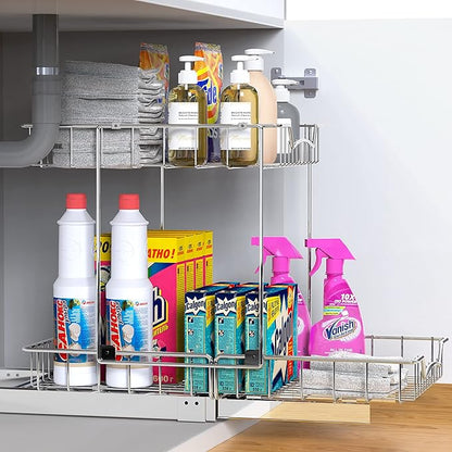 SIMPLE HOUSEWARE 2-Tier (L+L) Organizer Pull Out Under Cabinet Sliding Shelf, Chrome