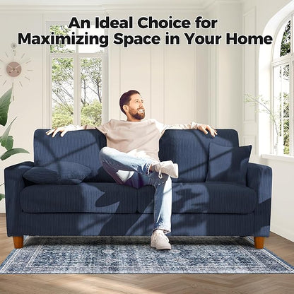 Kidirect 70in Corduroy Couch, Sofa No Tool Assembly, Comfy Couches for Living Room 21in Deeper Seats, Corduroy Sofas for Living Room with 2 Pillows, Oversized Loveseat Sofa, Boho Love Seat Blue Couch