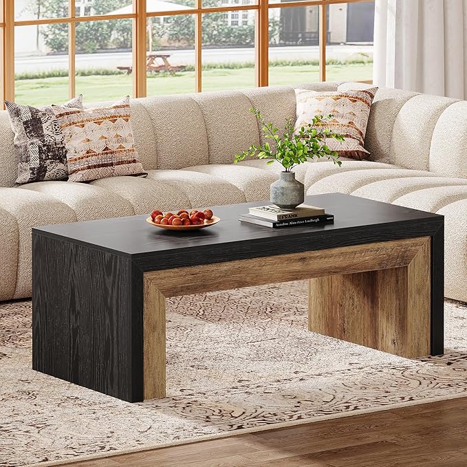 Tribesigns Farmhouse Coffee Table for Living Room, Mid-Century Modern Coffee Table with Sturdy Base, Large Rectangle Accent Center for Apartment, Easy Assembly (Black & Walnut)
