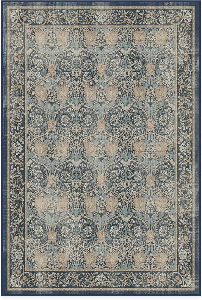 RUGGABLE x Morris & Co Washable Area Rug– Honeysuckle & Tulip Blue 4x6, Stain-Resistant, Non-Slip – Medium Machine Washable Rugs for Living Room, Bedroom, Hallway, Entryway & Office–with Standard Pad