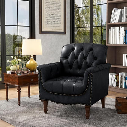 Lumibee Faux Leather Armchair, Contemporary Accent Chair with Nailhead Trims & Wood Legs for Living Room, Upholstered Comfy Arm Chair for Office,Bedroom-Blue Black