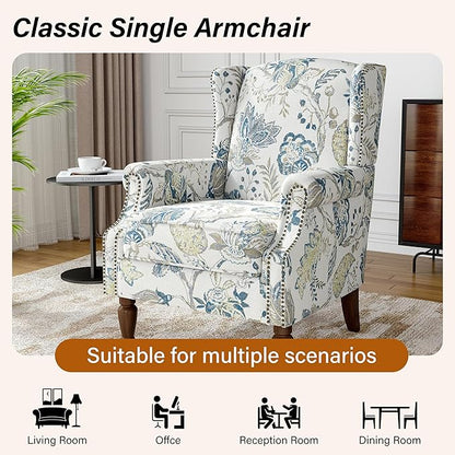 Floral Wingback Accent Chair, High Back Upholstered Armchair, Comfy Fabric Wingback Arms Chairs with Retro Solid Wood Legs, Single Sofa Reading Chair for Bedroom Living Room, Plants Blue