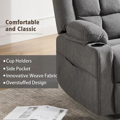 Swivel Rocker Recliner Chair for Adults with Massage and Heat, Cup Holders and Side Pockets, Glider Rocking Reclining Single Sofa Chair for Living Room (Dark Gray)