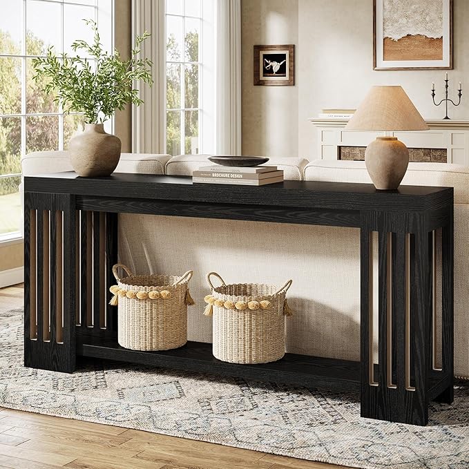 Tribesigns 2-Tier Extra Long Entryway Table, 70.9-Inch Farmhouse Console Table with Vertical Stripe Legs and with Open Shelves for Living Room, Hallway, Black