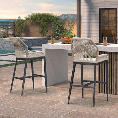 PURPLE LEAF 4 Pieces Bar Stools Patio Modern Rattan Barstools Aluminum Woven Tall Bar Chairs with Cushions for Outdoor Kitchen Island Garden