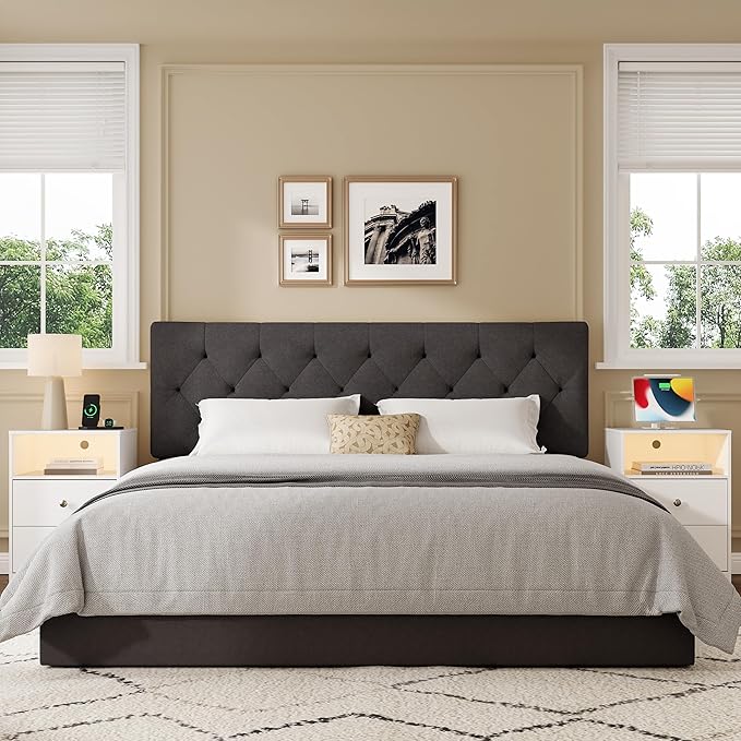 Queen Upholstered Headboard Only for Bed Frame from 49”-62”, Adjustable Height Queen XL Headboards with Durable Wood Legs, Fabric Bed Board in Modern Button Design, Dark Grey
