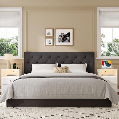 Queen Upholstered Headboard Only for Bed Frame from 49”-62”, Adjustable Height Queen XL Headboards with Durable Wood Legs, Fabric Bed Board in Modern Button Design, Dark Grey