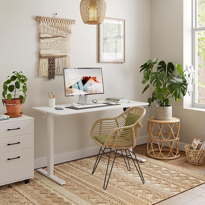 FEZIBO One-Piece Standing Desk Adjustable Height Stand up Home Office Desk, 55x24 Inch Electric Standing Computer Desk, with 4 Memory Presets, Headphone Hook, White