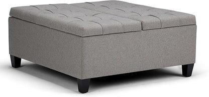 SIMPLIHOME Harrison 36 inch Wide Transitional Square Coffee Table Storage Ottoman in Dove Grey Linen Look Fabric, Assembled, for the Living Room and Bedroom