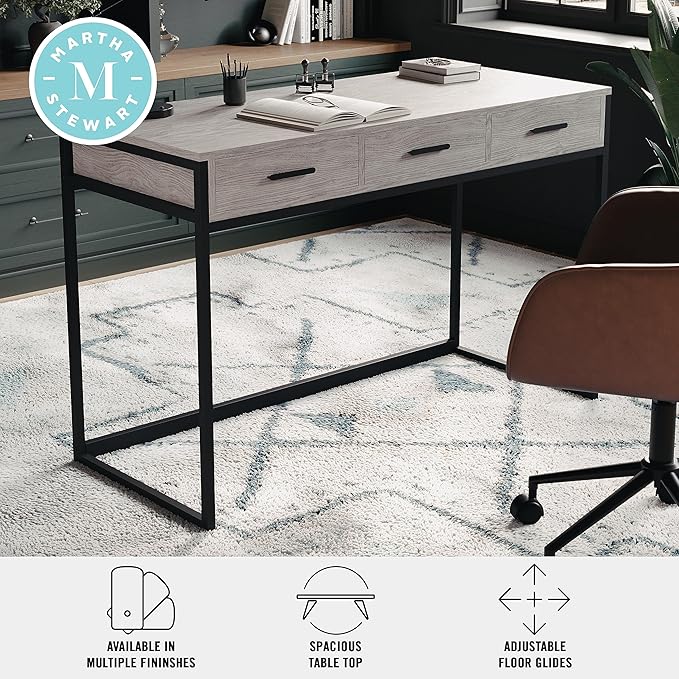 Martha Stewart Ollie Home Office Desk with 3 Drawers in Gray Wood Grain with Oil Rubbed Bronze Hardware
