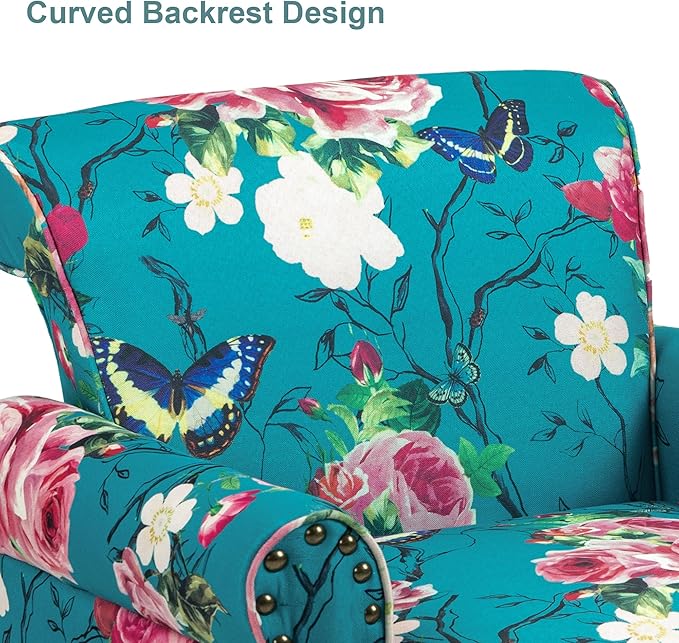 Accent Chair, Upholstered High Back Floral Armchair with Nailhead Trim & Wood Legs, Comfy Wingback Reading Single Sofa Chair for Small Spaces, Living Room, Bedroom (Blue Floral, Set of 1)