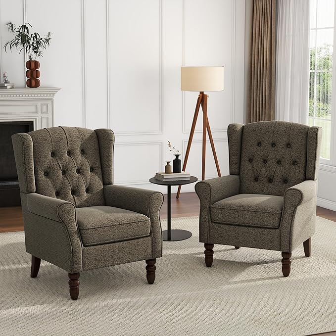UIXE High Back Accent Chairs Set of 2, Fabric Upholstered Armchair Wingback Arm Club Chair for Living Room, Comfy Single Sofa Bedroom Reading Seat with Solid Wood Legs - Taupe