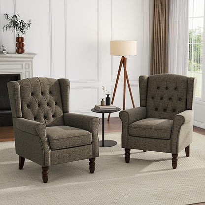UIXE High Back Accent Chairs Set of 2, Fabric Upholstered Armchair Wingback Arm Club Chair for Living Room, Comfy Single Sofa Bedroom Reading Seat with Solid Wood Legs - Taupe