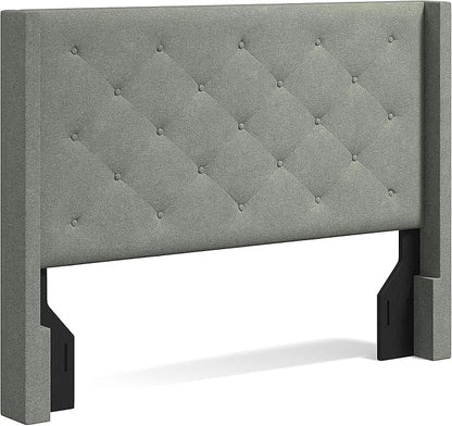 Glenwillow Home Huppe Button Tufted MCM Wingback Upholstered Headboard, Stone, Full/Queen