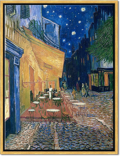 Wieco Art Framed Wall Art of Cafe Terrace at Night by Vincent Van Gogh Paintings Reproduction Abstract Canvas Prints for Home Living Room Decorations Bronze Gold Frame